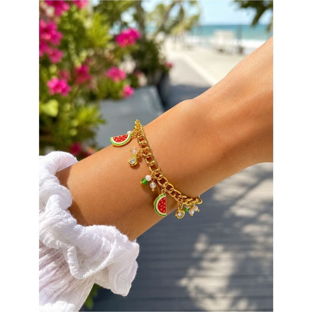 Watermelon Charm Bracelet – 18K Gold Plated Stainless Steel, CZ Accents